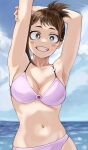  1girl absurdres armpits arms_up beach belly bikini blue_sky blush boku_no_hero_academia breasts brown_eyes brown_hair cleavage collarbone fengling_(furin-jp) highres large_breasts looking_at_viewer midriff navel ocean pink_bikini sky smile solo swimsuit teeth uraraka_ochako 