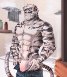  1boy ? abs alternate_muscle_size alternate_pectoral_size animal_ears arknights bara blue_eyes bulge caught covered_penis cowboy_shot dressing facial_hair frown furry furry_male goatee highres i&#039;ve_never_seen_a_guy_recreate_this_successfully_tbh_(meme) lokalokawhite male_focus male_underwear meme mountain_(arknights) muscular muscular_male navel nipples open_door open_pants pants pants_lift pectorals pov pov_hands scar scar_across_eye see-through short_hair solo_focus stomach thick_eyebrows thick_thighs thighs tiger_boy tiger_ears topless_male undersized_clothes underwear wet wet_clothes wet_male_underwear white_hair white_male_underwear 