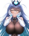  1girl :3 absurdres azur_lane bare_shoulders blue_hair blush bodystocking bodysuit breasts cheek_squash cleavage closed_eyes closed_mouth commission elbow_gloves english_text gloves hair_between_eyes hair_intakes hands_on_own_cheeks hands_on_own_face headgear heart highres impossible_bodystocking impossible_bodysuit impossible_clothes irkawaza large_breasts long_hair new_jersey_(azur_lane) see-through_cleavage simple_background solo solo_focus thank_you upper_body very_long_hair white_background white_gloves 