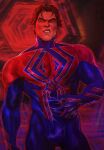  1boy aya_(the_fuzzy_aya) biceps brown_hair bulge claws fangs feet_out_of_frame formal frown highres looking_at_viewer male_focus manly marvel mature_male miguel_o&#039;hara muscular muscular_male pectorals red_eyes short_hair solo spandex spider-man:_across_the_spider-verse spider-man_(2099) spider-man_(series) suit superhero thick_arms thick_eyebrows tight_clothes 