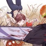  1girl 1other apron black_apron black_pants brown_hair burger chainsaw chainsaw_devil chainsaw_man falling food french_fries hair_ornament hairclip higashiyama_kobeni highres mole mole_on_cheek pants sharp_teeth shirt shirt_tucked_in short_hair short_ponytail single_sidelock spill takopi15 teeth tripping white_shirt 