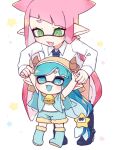  2girls bell blue_eyes blue_footwear blue_hair boots child commentary diagonal_bangs eyelashes fake_horns fur-trimmed_boots fur-trimmed_pants fur_trim green_eyes horns inkling inkling_girl inuowour long_hair multiple_girls neck_bell pants pink_hair pointy_ears simple_background splatoon_(series) star_(symbol) symbol-only_commentary white_background 