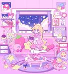  1girl :d analog_clock animal_crossing artist_name bishoujo_senshi_sailor_moon blonde_hair blue_eyes blush book bow bowtie box bulletin_board cake cake_slice candy cardigan character_doll character_name clock cloud commentary couch crown cup curtains dango desk_lamp disposable_cup drawer drinking_straw earrings english_commentary eyelashes fire_flower food fruit hair_between_eyes handheld_game_console hands_up heart heart_lollipop heart_pillow hello_kitty hello_kitty_(character) highres holding holding_handheld_game_console indoors jewelry kirby kirby_(series) kuromi lamp lollipop long_hair long_sleeves luvdisc macaron mario_(series) meowwniz mini_crown mug my_melody night night_sky on_couch onegai_my_melody open_cardigan open_clothes open_mouth paper picture_frame pillow pink_bow pink_bowtie pink_cardigan pink_sailor_collar pink_skirt pleated_skirt pocky poke_ball poke_ball_(basic) pokemon poster_(object) princess_peach rug sailor_collar sanrio school_uniform shaped_lollipop shelf shirt sidelocks sitting skirt sky smile solo sphere_earrings star_(sky) star_(symbol) star_pillow starry_sky strawberry strawberry_pillow strawberry_pocky stuffed_toy super_mushroom super_star_(mario) table thighhighs toad_(mario) tom_nook_(animal_crossing) tsukino_usagi twitter_username very_long_hair wagashi wall_clock white_shirt white_thighhighs window yoshi 