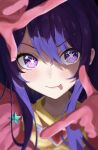  1girl blush finger_frame gloves higashiwun_izumi hoshino_ai_(oshi_no_ko) looking_at_viewer oshi_no_ko portrait purple_eyes purple_hair red_gloves sidelocks smile solo star-shaped_pupils star_(symbol) symbol-shaped_pupils tongue tongue_out 