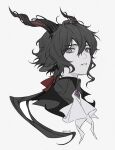  1boy animal_ears arknights ascot black_hair black_shirt collared_shirt ebenholz_(arknights) goat_boy goat_ears goat_horns hair_between_eyes hair_ribbon highres horns long_hair looking_at_viewer male_focus parted_lips ponytail portrait purple_eyes red_ribbon ribbon rio_(rio773) shirt signature simple_background solo twitter_username white_ascot white_background 