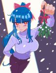  1girl arm_behind_back blue_hair blunt_bangs blush bow breasts breath english_commentary feet_out_of_frame hair_bow hcnone highres holding_mistletoe large_breasts long_hair long_sleeves looking_at_viewer mistletoe orange_eyes original pants parted_lips penny_(hcnone) pink_bow pixel_art ponytail purple_pants snowing solo sweater white_sweater 