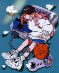  1girl backpack bag ball bandaid bandaid_on_knee bandaid_on_leg baseball_cap basketball_(object) black_eyes black_hat blue_background blue_shorts blunt_bangs boombox commentary fila full_body game_console halftone hat highres holding_boombox leg_tattoo long_sleeves looking_at_viewer nao97122 nike_(company) orange_hair original pink_bag ribbed_socks shoes shorts sitting sneakers socks solo streetwear super_famicom super_famicom_gamepad sweater tattoo white_footwear white_socks white_sweater 