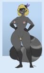  anthro areola black_body black_fur black_tail blonde_hair breasts butt_from_the_front female full-length_portrait fur green_eyes grey_body grey_fur grey_tail hair hands_on_own_hips hi_res mammal multicolored_body multicolored_fur multicolored_tail nightfaux nipples nude one_eye_closed pink_areola pink_nipples portrait procyonid pubes raccoon signature smile tail tessa_rasputin thick_thighs wide_hips 
