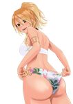  1girl adjusting_clothes adjusting_swimsuit armlet ass back blonde_hair blush breasts brown_eyes choker commentary highres idolmaster idolmaster_shiny_colors izumi_mei large_breasts long_hair looking_at_viewer looking_back open_mouth smile swimsuit tan tanjunde white_background 