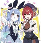  2girls :q animal_ears ascot beret black_ascot black_gloves black_headwear blue_hair breasts clenched_hands closed_mouth commentary_request fake_animal_ears fingerless_gloves gloves hat heart heart_necklace heterochromia highres hololive houshou_marine houshou_marine_(6th_costume) ixy jewelry large_breasts long_hair looking_at_viewer mini_hat multiple_girls necklace open_mouth purple_headwear rabbit_ears red_eyes red_hair short_hair smile star_(symbol) thick_eyebrows tongue tongue_out two-tone_background usada_pekora usada_pekora_(5th_costume) virtual_youtuber white_background yellow_background yellow_eyes 