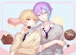  2boys blonde_hair blue_background blue_hair cardigan chocolate collared_shirt diagonal-striped_necktie grey_cardigan kamishiro_rui kamiyama_high_school_uniform_(project_sekai) long_sleeves looking_at_viewer multicolored_hair multiple_boys otorrio project_sekai purple_hair school_uniform shirt streaked_hair tenma_tsukasa tongue tongue_out upper_body white_shirt yellow_cardigan yellow_eyes 