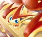  apple apple_rabbit blue_eyes cutting_board fang food food_art fork fruit hand_on_own_face head_rest highres looking_at_viewer lying no_humans on_stomach pokemon pokemon_(creature) red_apple sasabunecafe smile twitter_username victini 