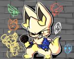  &lt;3 anthro black_eyes blue_clothing blush brick_wall canid canine canis clothing domestic_dog dustyspaghetti generation_1_pokemon graffiti male mammal mask microphone nintendo noodle_(dustyspaghetti) pokemon pokemon_(species) shadow solo standing tail tan_body unknown_species vulpix wall_(structure) 