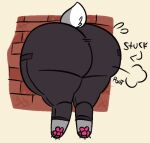  ambiguous_gender anthro big_butt bottomwear brick_wall butt clothing fur grey_body grey_fur lagomorph leporid mammal pants pawpads pknicky pknicky_(pknicky) rabbit solo stuck thick_thighs through_wall two_tone_tail wall_(structure) 