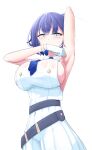  1girl absurdres aoi_(blue_archive) armpits blue_archive blue_hair blue_necktie blush breasts copyright_request embarrassed gloves highres mole mole_under_eye necktie pointy_ears poolpool short_hair sideboob white_gloves 