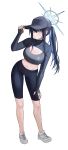  1girl absurdres alternate_costume baseball_cap black_hair black_shorts blue_archive blue_hair blush breasts cleavage full_body grey_sports_bra halo hat hee_(user_ykux4248) highres large_breasts looking_at_viewer midriff multicolored_hair navel ponytail saori_(blue_archive) shoes shorts shrug_(clothing) simple_background sneakers solo sports_bra stomach two-tone_hair white_background 