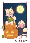  2girls absurdres animal_ears animal_hands barefoot blonde_hair blush borrowed_character brown_gloves candy_wrapper closed_eyes commentary_request dango dress eating food fox_ears fox_girl fox_tail full_moon gloves green_dress green_sleeves hair_bun hair_ornament highres jack-o&#039;-lantern kemomimi-chan_(naga_u) long_sleeves moon multiple_girls original paw_gloves profile purple_eyes ranko_(yulasa) red_footwear ribbon-trimmed_sleeves ribbon_trim sailor_collar sailor_dress sitting sleeveless sleeveless_dress sleeves_past_fingers sleeves_past_wrists standing standing_on_one_leg tail translation_request wagashi white_sailor_collar 