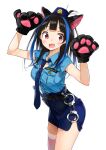  1girl animal_ear_fluff animal_ears animal_hands arms_up belt black_gloves black_hair blue_headwear blue_necktie blue_shirt blue_skirt blush cat_ears claw_pose cuffs fake_animal_ears fang gloves hat highres leaning_forward long_hair miniskirt miyajima_reiji multicolored_hair necktie open_mouth original paw_gloves police police_uniform policewoman red_eyes shirt short_sleeves simple_background skirt smile solo streaked_hair thighs uniform white_background 