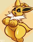  2023 absurd_res anthro areola arturfox big_breasts black_sclera bodily_fluids breasts eeveelution eyebrows eyelashes female fur generation_1_pokemon genitals glistening glistening_breasts glistening_thighs hands_above_head hi_res innie_pussy jolteon looking_at_viewer neck_tuft nintendo nipples nude open_mouth pokemon pokemon_(species) pussy short_stack solo sweat sweatdrop thick_thighs tuft white_eyes wide_hips yellow_body yellow_fur 