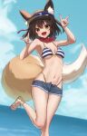  1girl :d animal_ears bikini blue_archive blue_sky blurry breasts cleavage cloud cloudy_sky commentary_request denim denim_shorts depth_of_field double_fox_shadow_puppet eyeshadow fox_ears fox_girl fox_shadow_puppet fox_tail hair_between_eyes hair_ornament highres horizon izuna_(blue_archive) izuna_(swimsuit)_(blue_archive) looking_at_viewer makeup medium_breasts medium_hair mogurii navel ocean official_alternate_costume one_side_up pom_pom_(clothes) pom_pom_hair_ornament red_scarf scarf short_shorts shorts sidelocks sky smile solo spaghetti_strap standing standing_on_one_leg stomach striped striped_bikini swimsuit tail visor_cap 