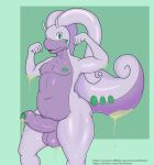  anthro balls big_butt butt flexing generation_6_pokemon genitals glans goodra green_eyes green_glans green_nipples hi_res male moobs nintendo nipples penis pokemon pokemon_(species) purple_body purple_penis seriftarkus slightly_chubby slime solo thick_thighs 