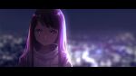  1girl blurry blurry_background cityscape closed_mouth commentary highres hood hoodie hoshino_ai_(oshi_no_ko) letterboxed long_hair night oshi_no_ko purple_eyes purple_hair solo star-shaped_pupils star_(symbol) symbol-shaped_pupils tornier white_hoodie 