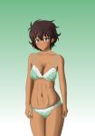  1girl blue_eyes blush bow bow_bra bow_panties bra breasts brown_hair chousokabe_k closed_mouth cowboy_shot dark-skinned_female dark_skin frown girls_und_panzer gradient_background green_background green_bra green_panties highres looking_at_viewer medium_breasts navel panties short_hair solo standing suzuki_(girls_und_panzer) underwear underwear_only 