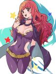  1girl belt blush bodysuit breasts brown_eyes capelet choker cleavage cleavage_cutout clothing_cutout facial_mark fire_emblem fire_emblem_engage hair_ornament highres holding holding_knife knife long_hair looking_at_viewer makoto_139 red_hair smile solo star_(symbol) star_hair_ornament yunaka_(fire_emblem) 