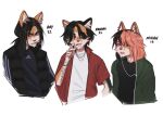  andromorph anthro brother claws clothed clothing digital_drawing_(artwork) digital_media_(artwork) domestic_cat felid feline felis fingers fur group hair hi_res hybrid intersex male mammal mikah_miller_(character) open_mouth procyonid raccoon rottenrollz sibling simple_background trio 