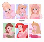  animal_ears ariel_(disney) artist_name aurora_(disney) bead_necklace beads beauty_and_the_beast belle_(disney) blonde_hair blue_eyes book bow breasts brown_eyes brown_hair brushing_hair charlotte_la_bouff cinderella cinderella_(disney) commentary_request disney disney_princess dress earrings enchanted fork giselle_(disney) grin hair_bow hair_over_shoulder hairband half-closed_eyes highres holding holding_book holding_fork jewelry juliet_sleeves long_sleeves medium_breasts necklace off-shoulder_dress off_shoulder pink_lips puffy_sleeves red_hair red_lips sleeping_beauty small_breasts smile tarolotta the_little_mermaid the_princess_and_the_frog tiara white_hairband 