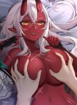  1girl akumi_(yoclesh) artist_name barbell_piercing black_gloves breasts colored_skin earrings fingerless_gloves gloves grabbing grabbing_another&#039;s_breast highres horns jewelry large_breasts long_hair looking_at_viewer lying navel nipple_piercing nipples on_back oni oni_horns open_mouth piercing pointy_ears red_oni red_skin sakizxc scar scar_on_chest scar_on_face teeth upper_body upper_teeth_only vyugen watermark white_hair yellow_eyes 