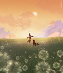  1other artist_name bow cloud dandelion english_commentary field flower grass hat orange_sky original outdoors red_bow reinforced scarecrow sky sun top_hat 