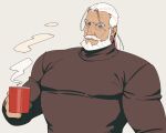  1boy bara beard blue_eyes coffee_mug cup dark-skinned_male dark_skin facial_hair highres holding holding_cup jp_(street_fighter) large_pectorals long_hair looking_at_viewer male_focus mature_male mug muscular muscular_male mustache old old_man pectorals ponytail sa1k0p solo steam street_fighter street_fighter_6 thick_eyebrows thick_mustache turtleneck white_hair 