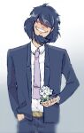  1boy beard belt belt_buckle black_belt black_hair black_jacket black_pants bouquet buckle commentary cowboy_shot facial_hair facing_viewer flower formal gradient_background grey_background grin hair_over_eyes hand_in_pocket head_tilt highres holding holding_bouquet holding_flower jacket jigen_daisuke long_bangs lupin_iii male_focus messy_hair necktie pants purple_necktie shirt smile smirk solo standing suezen suit suit_jacket tie_clip white_shirt 