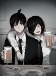  1boy 1girl :d arm_around_neck beer_mug black_eyes black_hair black_jacket black_necktie black_suit blush bob_cut breasts buttoned_cuffs chainsaw_man chopsticks closed_mouth collared_shirt cup drink ebanoniwa expressionless eyepatch facing_viewer food formal hair_between_eyes hayakawa_aki himeno_(chainsaw_man) holding holding_cup indoors jacket long_sleeves looking_at_viewer medium_breasts mug necktie open_clothes open_jacket open_mouth plate shirt short_hair sidelocks smile suit suit_jacket teeth topknot upper_body upper_teeth_only white_shirt wing_collar 