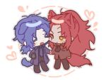 1boy 1girl animal_ears ascot black_ascot blue_hair blush chesed_(project_moon) chibi closed_eyes coat cup dog_ears dog_tail gebura_(project_moon) heart holding holding_cup holding_hands library_of_ruina long_hair low_ponytail lowres mug munjiduck parted_bangs project_moon red_coat red_hair simple_background tail very_long_hair white_background wolf_ears wolf_tail 