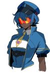  1girl blue_hair blue_headwear blue_jacket blue_shirt breasts chest_belt collared_shirt covered_navel dark-skinned_female dark_skin english_commentary expressionless genderswap genderswap_(mtf) hat humanization jacket medium_breasts necktie shirt short_hair short_necktie short_sleeves solo soundwave_(transformers) sunglasses transformers upper_body vreamvi white_background yellow_necktie 