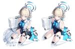  1girl absurdres apron aqua_bow aqua_bowtie arms_behind_back arona&#039;s_sensei_doodle_(blue_archive) assault_rifle back_bow bandaged_arm bandaged_leg bandages bandaid bandaid_on_face bandaid_on_nose belt belt_pouch black_belt black_leotard blonde_hair blue_archive blue_eyes blue_leotard boots bow bowtie breasts bruise bruised_eye character_name commentary copyright_name covered_navel earpiece first_aid_kit gauze gun h&amp;k_g11 halo high_heel_boots high_heels highres huge_bow injury leotard looking_at_viewer madaeng maid_headdress medium_breasts microphone multiple_views pill pill_bottle pouch red_bow rifle sensei_(blue_archive) short_hair simple_background sitting suitcase thigh_belt thigh_boots thigh_strap toki_(blue_archive) torn_apron torn_clothes twitter_username two-tone_leotard wariza weapon white_apron white_background white_footwear 