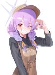  1girl absurdres apron atsuko&#039;s_grin_(meme) atsuko_(blue_archive) black_shirt blue_archive blush braid brown_apron brown_headwear collared_shirt ggab0621 grin halo hat highres long_hair long_sleeves looking_at_viewer meme mom&#039;s_touch one_eye_closed purple_hair purple_halo red_eyes shirt simple_background smile solo twin_braids white_background 