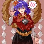  1girl black_skirt blush breasts eaglov frilled_sleeves frills hair_ornament highres leaf leaf_hair_ornament looking_at_viewer maple_leaf open_mouth pixel_art purple_hair red_eyes red_shirt shirt skirt solo speech_bubble touhou upper_body yasaka_kanako 