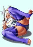  1girl \n/ absurdres animal_ears arm_up ass boku_no_hero_academia breasts crescent_print dark-skinned_female dark_skin end_play feet full_body fur_collar gloves hair_between_eyes hand_on_own_cheek hand_on_own_face head_rest highleg highleg_leotard highres large_breasts legs leotard long_eyelashes long_hair looking_at_viewer lying mirko no_shoes on_side purple_thighhighs rabbit_ears rabbit_girl rabbit_tail red_eyes sleeveless_turtleneck_leotard smile soles solo spread_legs stirrup_legwear tail tail_through_clothes teeth thick_thighs thighhighs thighs toeless_legwear toenails toes toned tongue tongue_out upper_teeth_only white_gloves white_hair white_leotard 