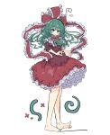  1girl absurdres barefoot blush bow frilled_sleeves frills front_ponytail full_body green_eyes green_hair hair_ribbon highres kagiyama_hina looking_at_viewer primsla puffy_short_sleeves puffy_sleeves red_bow red_ribbon ribbon short_sleeves solo touhou 