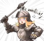  armor blonde_hair blue_eyes blush breastplate chainmail english_commentary flanged_mace full_armor gauntlets german_text gloves helmet highres holding holding_weapon ironlily knight long_hair looking_at_viewer open_mouth original pauldrons shoulder_armor simple_background solo upper_body weapon white_background 