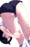  1girl absurdres ass black_hair blue_eyes hair_ornament hairclip highres kneepits leaning_forward liko_(pokemon) pokemon pokemon_(anime) pokemon_horizons shirt short_hair shorts socks solo tetori_(tetolisto) thighs white_shirt 