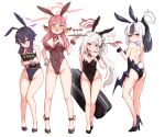  4girls :d alternate_costume animal_ears aru_(blue_archive) bare_back bare_shoulders black_hair blue_archive blush bow bowtie breaaad breasts cleavage collarbone commentary cup demon_girl demon_horns detached_collar drinking_glass english_commentary fake_animal_ears fake_tail full_body grey_hair hair_between_eyes hair_ornament hairclip halo haruka_(blue_archive) highleg highleg_leotard highres holding holding_tray horns kayoko_(blue_archive) leotard long_hair looking_at_viewer mixed-language_commentary multicolored_hair multiple_girls mutsuki_(blue_archive) piercing playboy_bunny ponytail purple_eyes rabbit_ears rabbit_tail red_eyes red_hair short_hair short_hair_with_long_locks shoulder_blades side_ponytail sidelocks simple_background sleeveless smile standing strapless strapless_leotard tail tray two-tone_hair white_background white_hair wine_glass yellow_eyes 