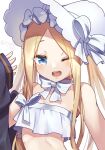  1girl abigail_williams_(fate) abigail_williams_(swimsuit_foreigner)_(fate) abigail_williams_(swimsuit_foreigner)_(third_ascension)_(fate) bare_shoulders bikini black_jacket blonde_hair blue_eyes blush bonnet bow breasts clothes_removed fate/grand_order fate_(series) jacket long_hair one_eye_closed open_mouth parted_bangs ryofuhiko simple_background small_breasts smile solo strapless strapless_bikini swimsuit upper_body white_background white_bikini white_bow white_headwear 