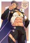 1boy abs bara beard black_hair black_pants blush bulge cape commission dungeon_and_fighter erection erection_under_clothes facial_hair large_pectorals mage_(dungeon_and_fighter) male_focus muscular muscular_male navel original pants pectorals purple_cape short_hair solo thick_thighs thighs zink_(zink_mchn) 