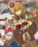  1boy belt book bookshelf brown_belt brown_cape brown_eyes brown_hair brown_pants cape closed_mouth commentary_request creator_(ragnarok_online) dutch_angle erlenmeyer_flask expressionless feet_out_of_frame flask gloves hair_between_eyes holding holding_book library long_bangs magnifying_glass male_focus minorigo_flow pants papers pouch quill ragnarok_online shirt short_hair slime_(creature) vanilmirth_(ragnarok_online) white_gloves white_shirt 