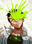  1boy black_hair blood blood_spray green_blood green_eyes hebiske highres jewelry looking_at_viewer male_focus necklace original parted_lips short_hair stylized_blood upper_body 