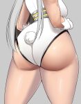  1girl ass ass_focus boku_no_hero_academia breasts dark-skinned_female dark_skin english_commentary from_behind gloves grey_background head_out_of_frame highleg highleg_leotard highres large_breasts leotard long_hair lower_body mirko pitapita_pi rabbit_girl rabbit_tail solo tail tail_through_clothes thick_thighs thighs white_gloves white_hair white_leotard 